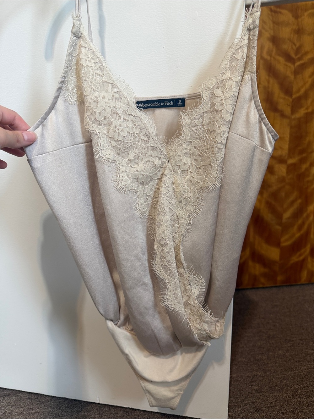 Abercrombie & Fitch Ivory Lace-Trim Satin Bodysuit
